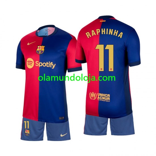 Camisola FC Barcelona Raphinha 11 Criança Equipamento Primeiro 2024-2025 Manga Curta